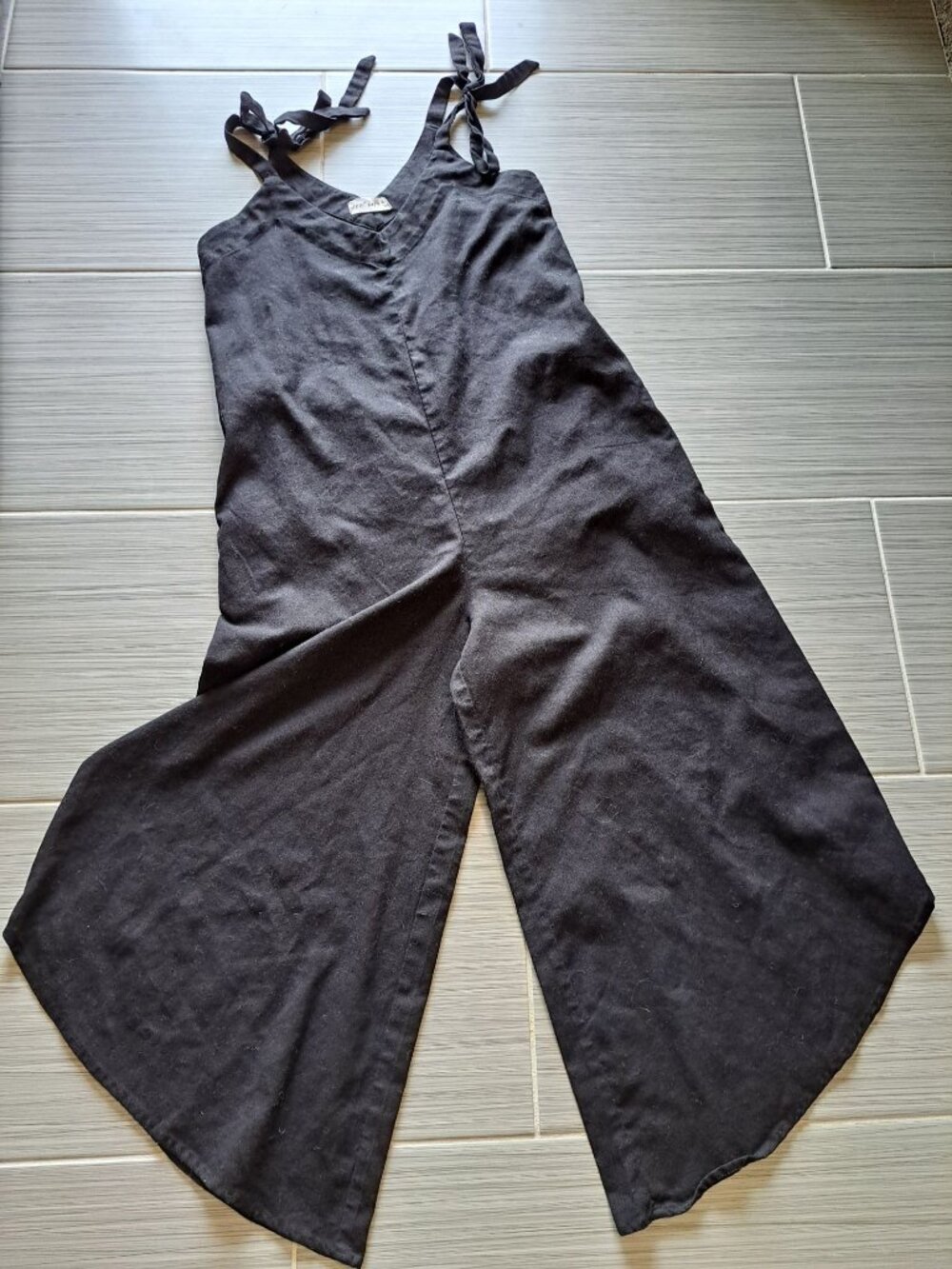 New In Black Sleeveless Jumpsuit Bow Tie Linen Ctn Wide-Leg S Pallazo Women's - Picture 9 of 13